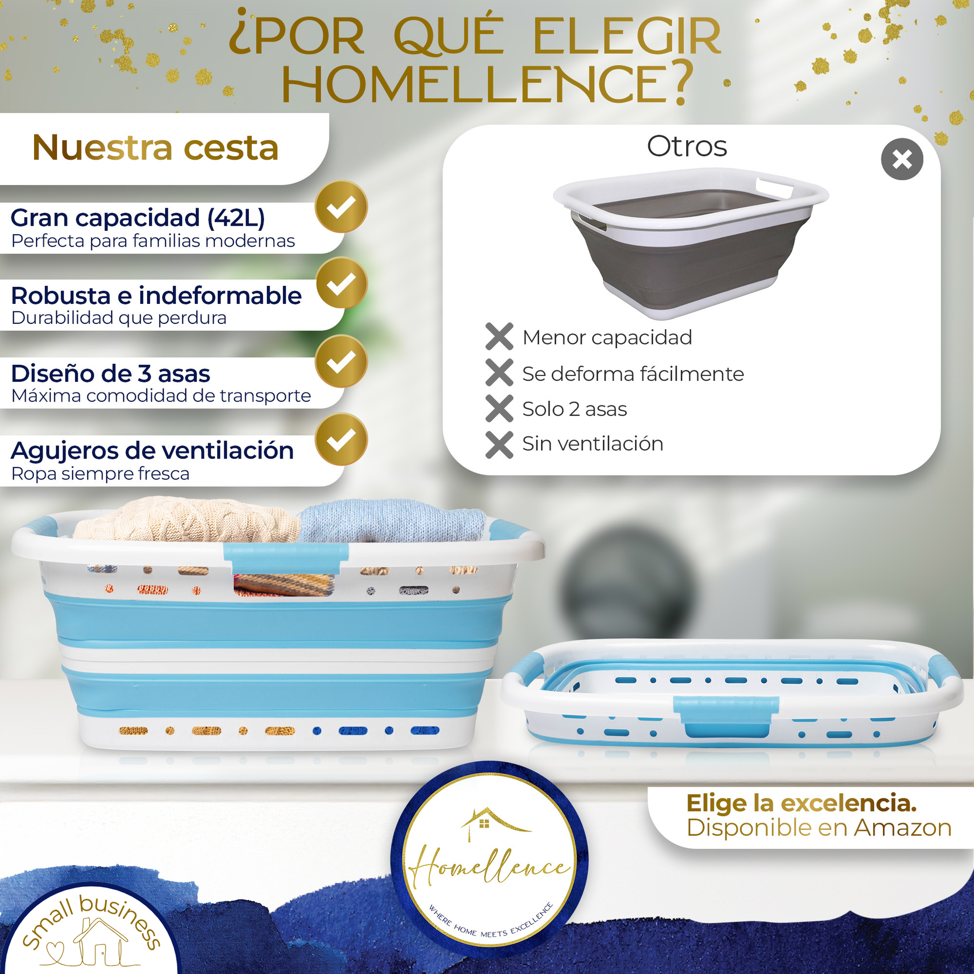 Tabla comparativa Homellence: ventajas de nuestra cesta azul como la robustez e indeformabilidad frente a modelos de baja calidad.