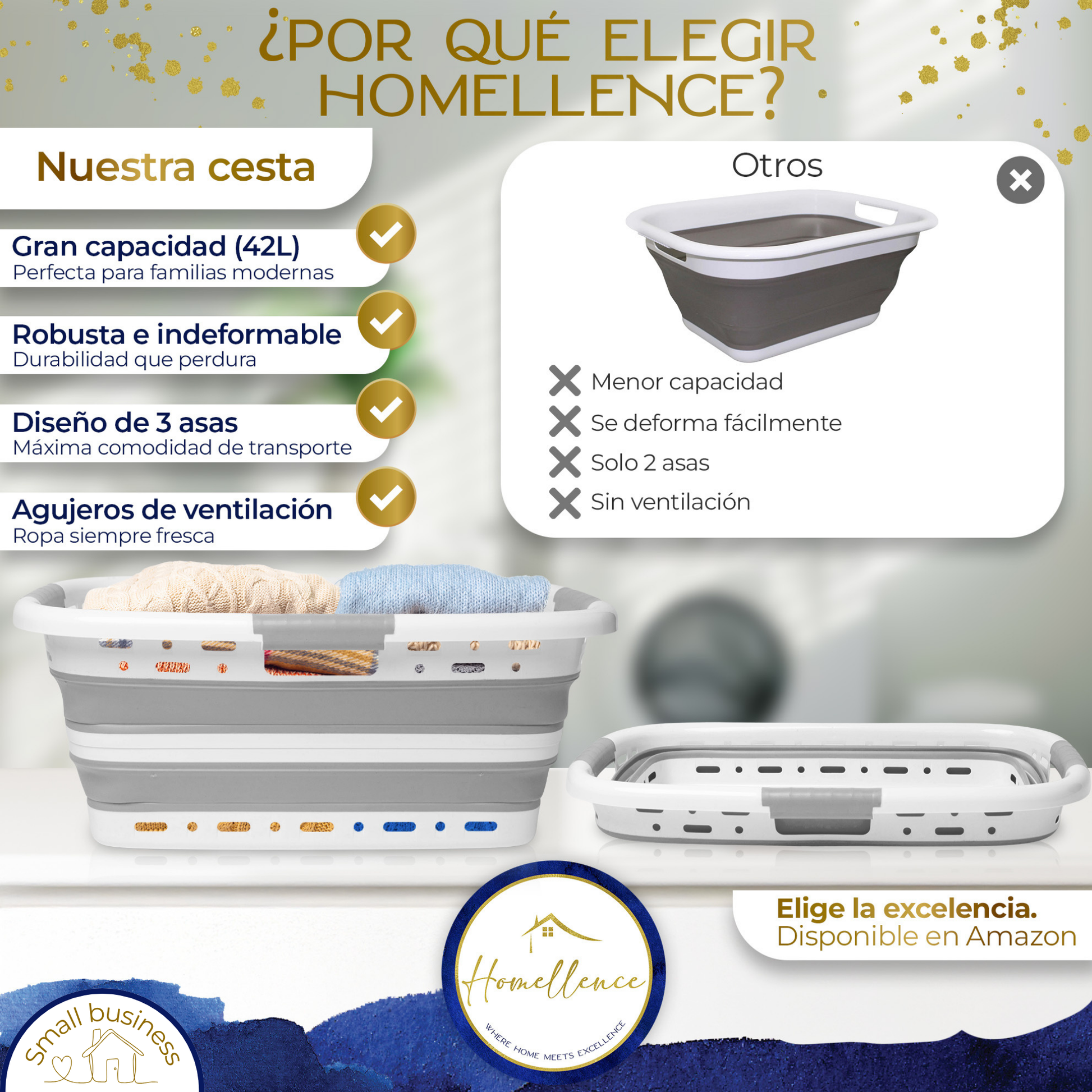 Tabla comparativa Homellence: ventajas de nuestra cesta como la robustez e indeformabilidad frente a modelos estándar de baja calidad.