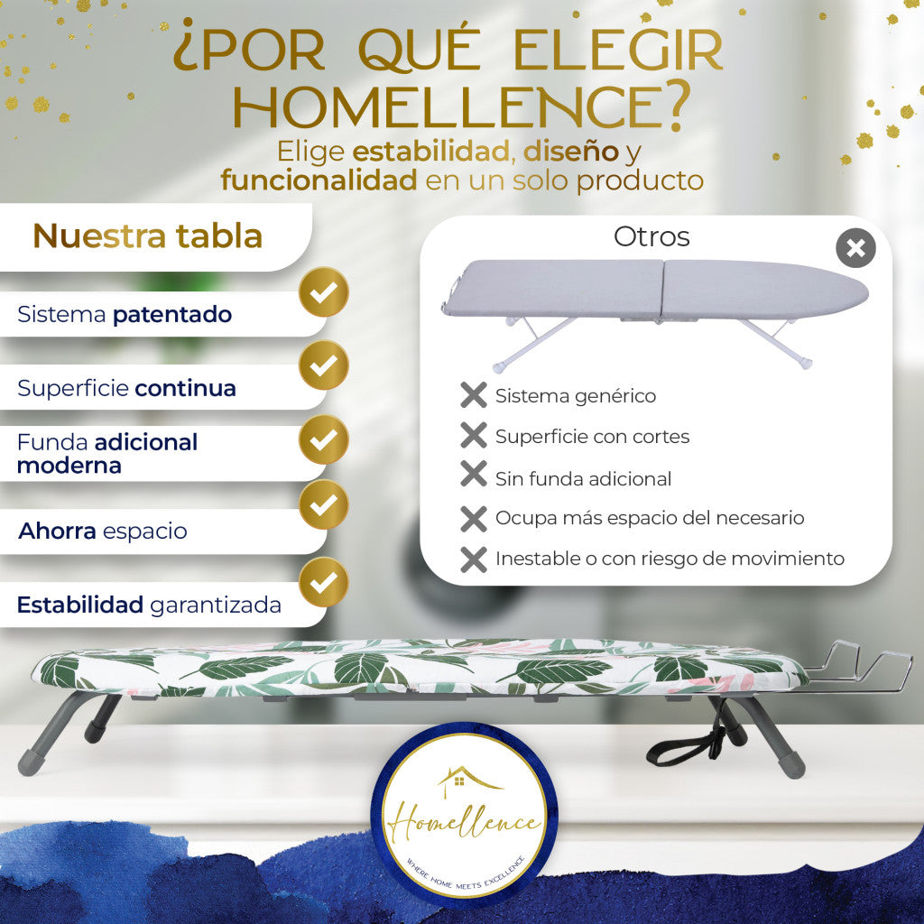 Tabla comparativa Homellence: ventajas de nuestro sistema patentado y estabilidad garantizada frente a las tablas convencionales inestables.