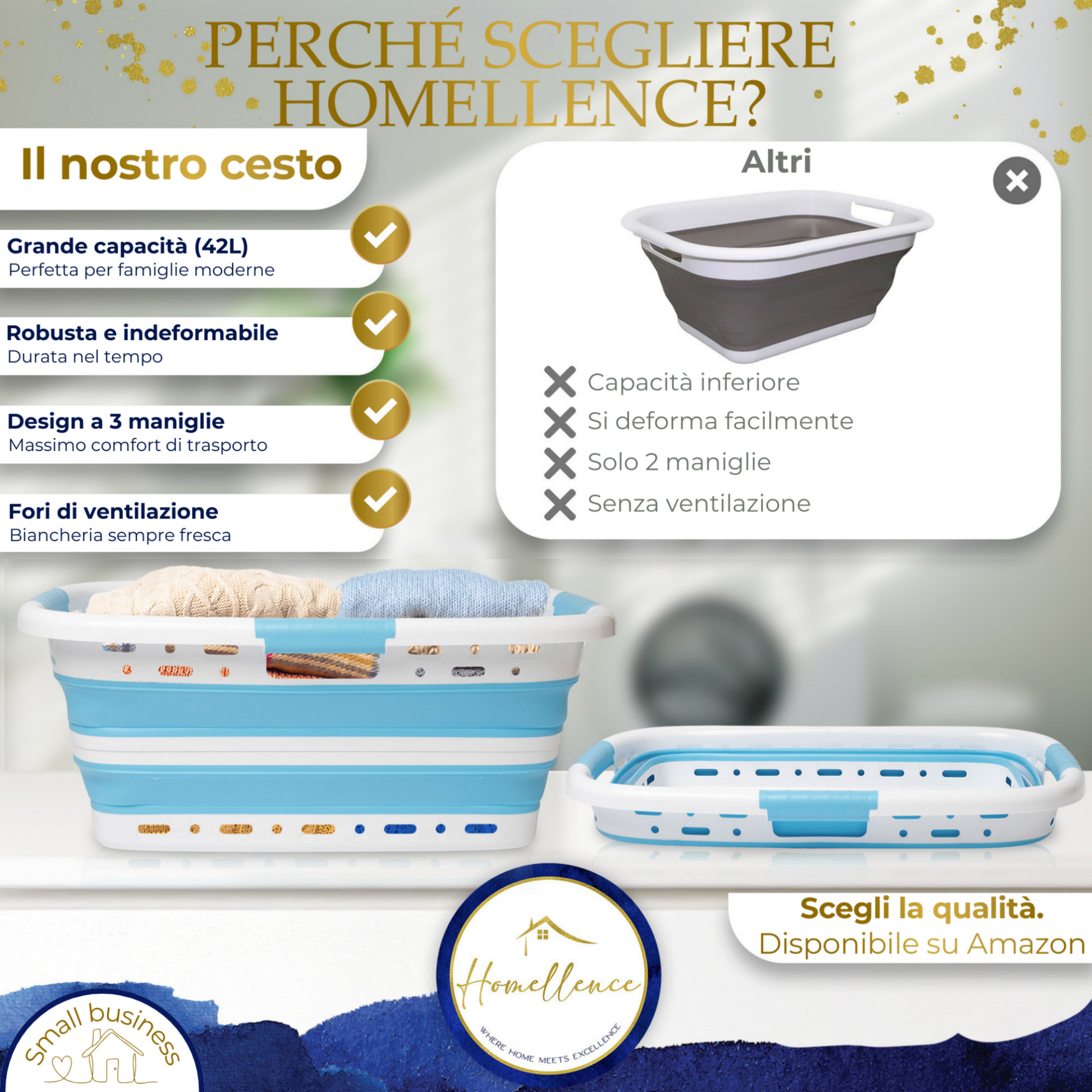 Tabella comparativa: i vantaggi del cesto Homellence azzurro come la robustezza e la ventilazione rispetto ai modelli standard.