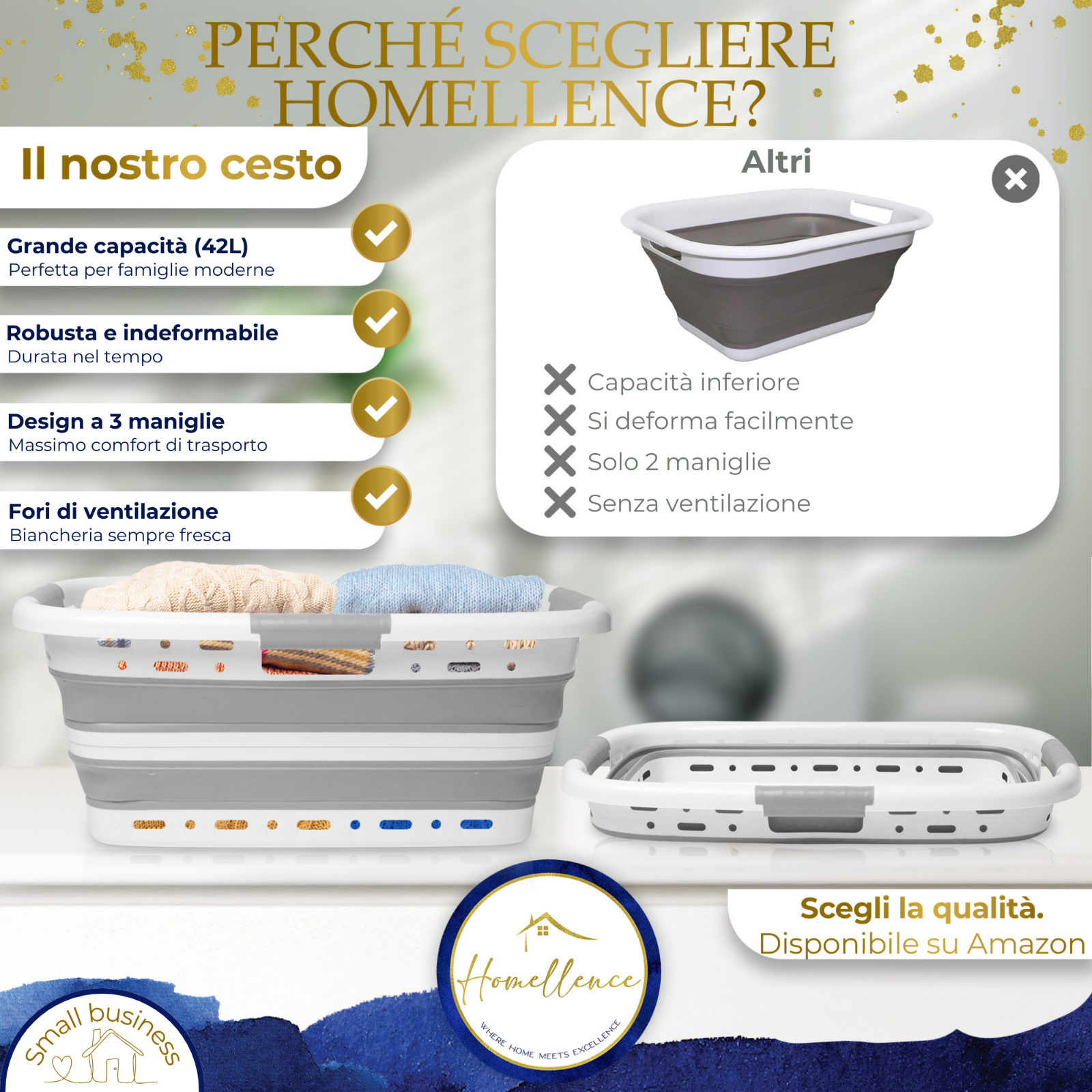 Tabella comparativa: i vantaggi del cesto Homellence come la robustezza e la ventilazione rispetto ai modelli standard deformabili.