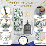 Especificaciones Homellence: tabla de 82 cm con gancho de suspensión, superficie microperforada y fundas termorresistentes de alta calidad.