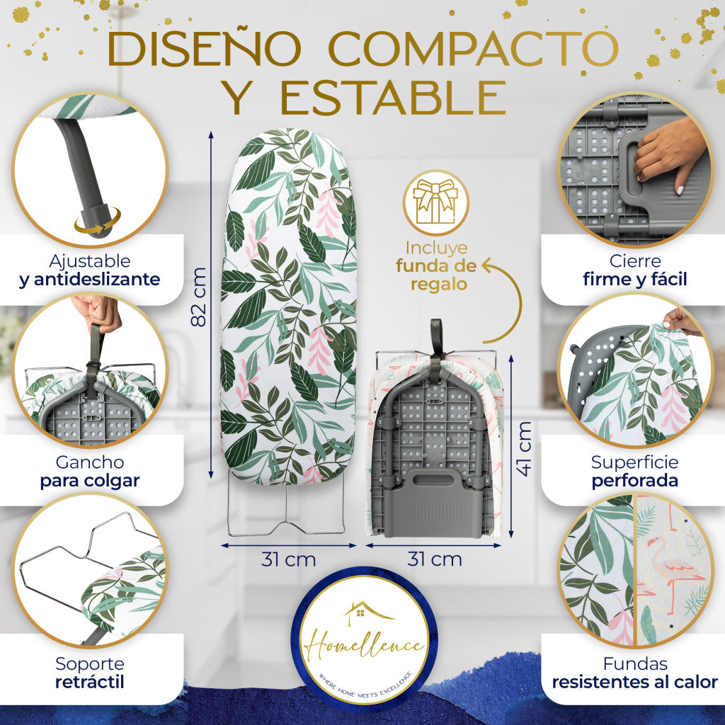 Especificaciones Homellence: tabla de 82 cm con gancho de suspensión, superficie microperforada y fundas termorresistentes de alta calidad.