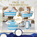 Detalle del diseño ergonómico de 3 asas de la cesta Homellence azul para un transporte cómodo y total libertad de movimiento.