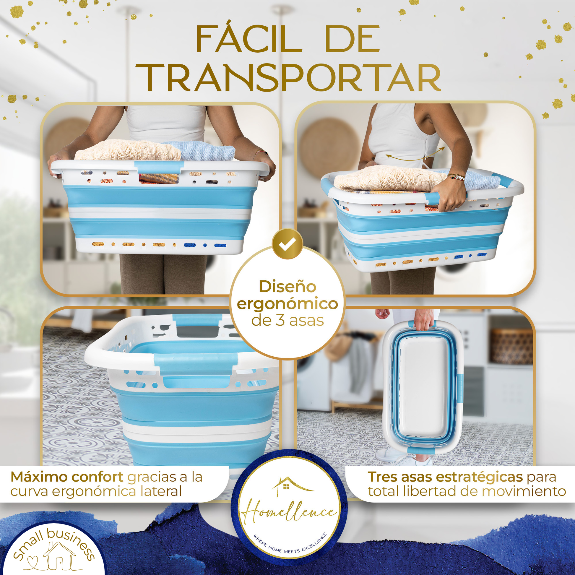 Detalle del diseño ergonómico de 3 asas de la cesta Homellence azul para un transporte cómodo y total libertad de movimiento.