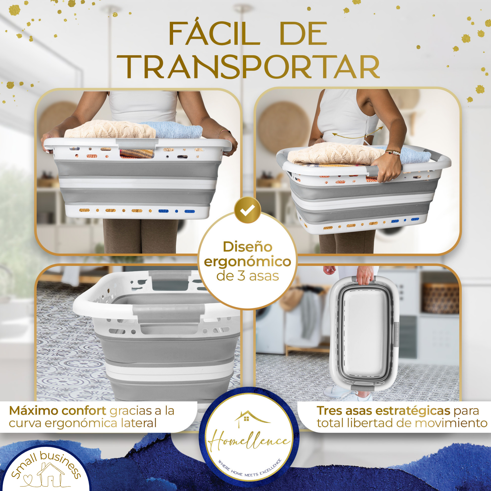 Detalle del diseño ergonómico de 3 asas de la cesta Homellence para un transporte cómodo y total libertad de movimiento.