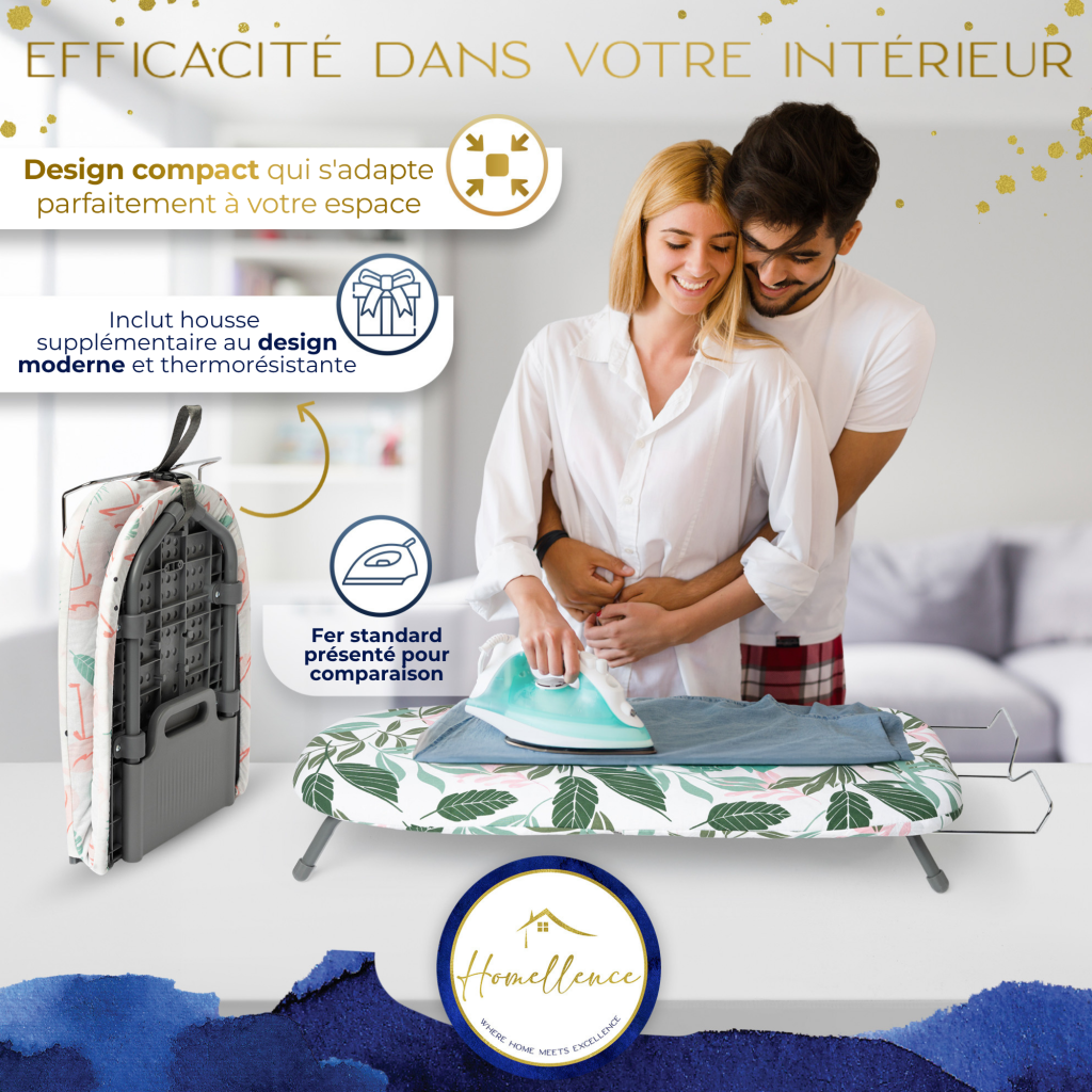 Scène de vie : un couple utilise la planche à repasser de table compacte Homellence, gain de place idéal pour les petits appartements.