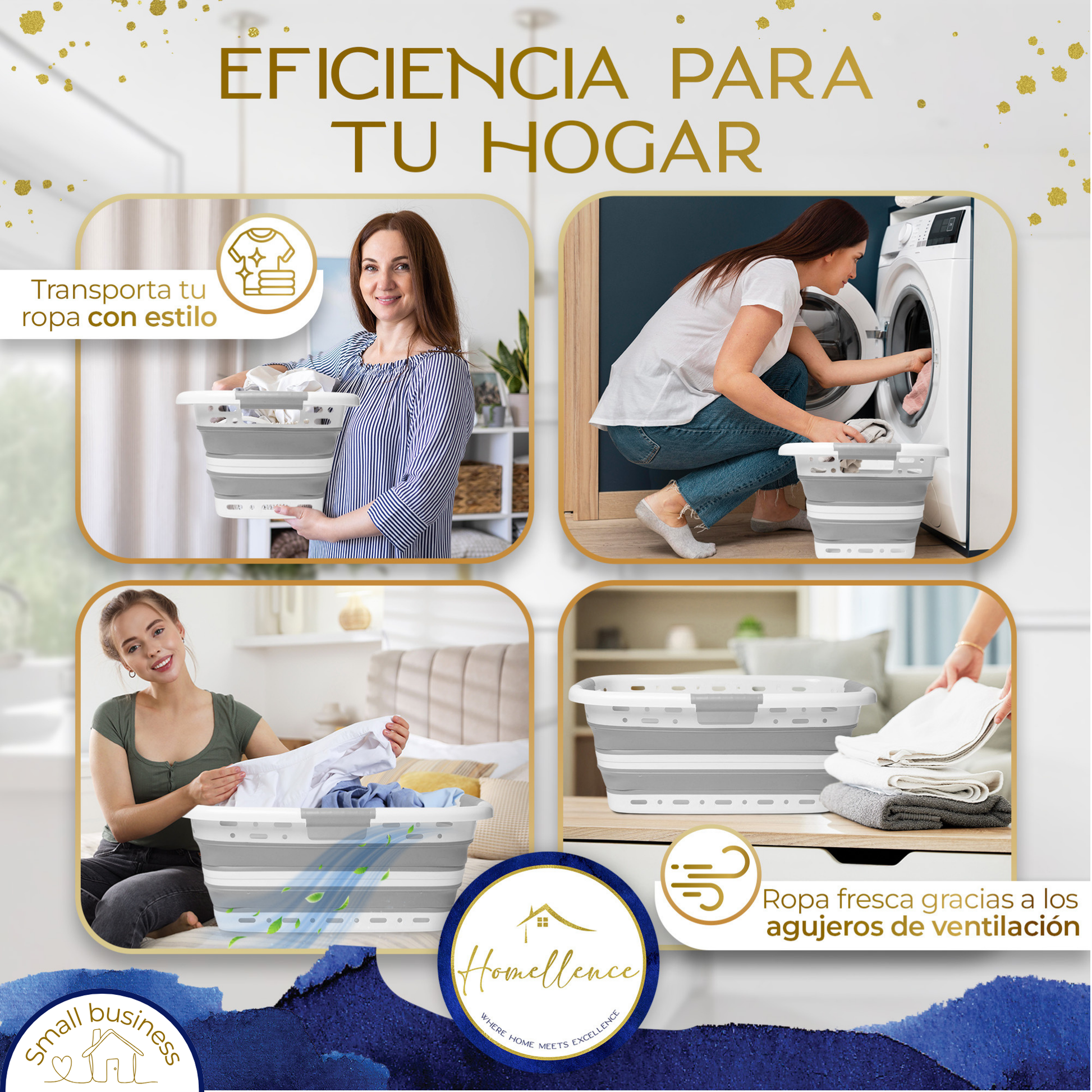 Ejemplos de uso de la cesta Homellence gris: transporte elegante de la colada y carga fácil de la lavadora con un diseño ergonómico.