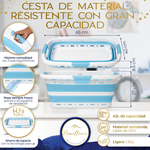 Infografía de la cesta Homellence azul: dimensiones 65x40 cm, capacidad 42L, agujeros de ventilación y material libre de BPA.