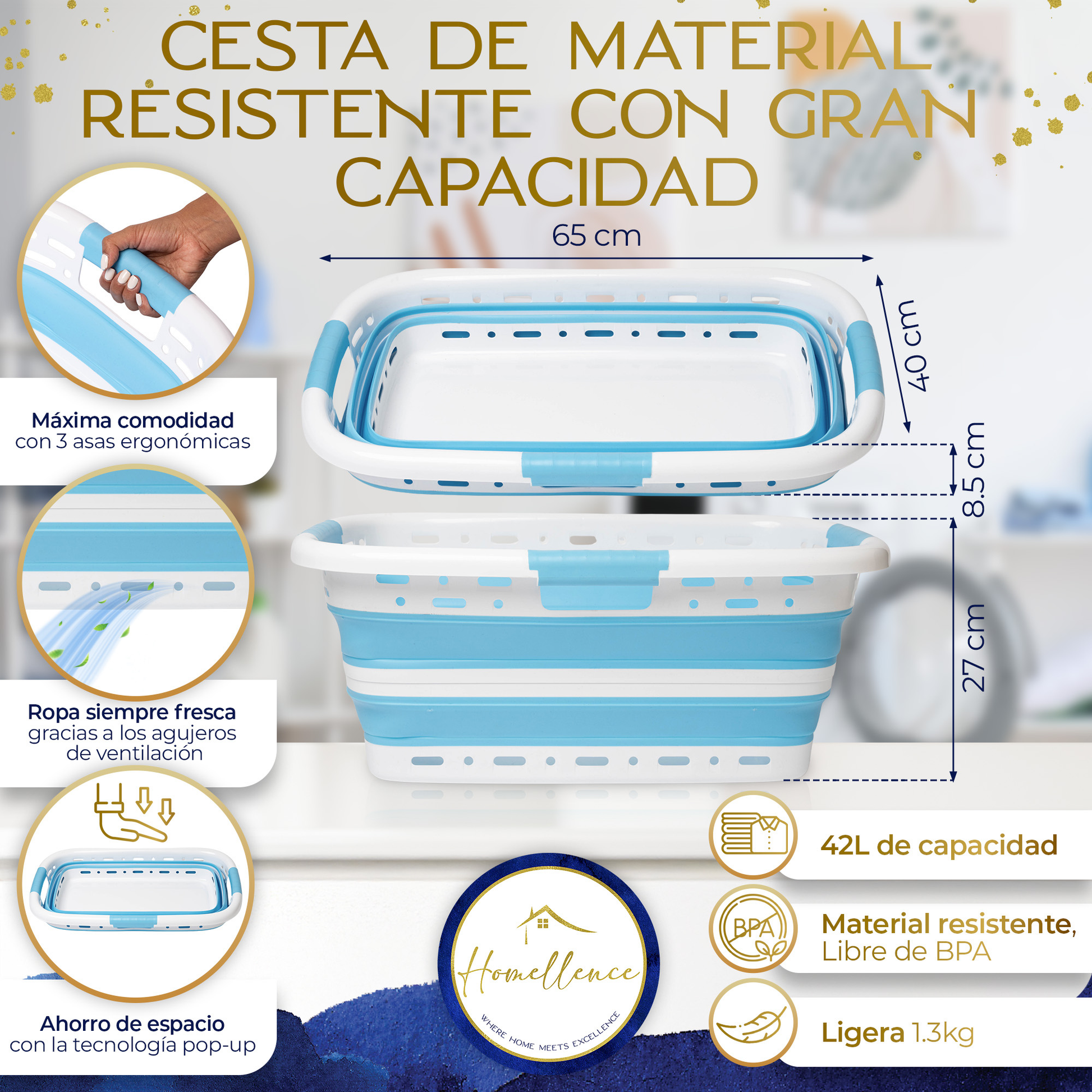 Infografía de la cesta Homellence azul: dimensiones 65x40 cm, capacidad 42L, agujeros de ventilación y material libre de BPA.