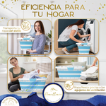 Infografía de la cesta Homellence azul: dimensiones 65x40 cm, capacidad 42L, agujeros de ventilación y material libre de BPA.