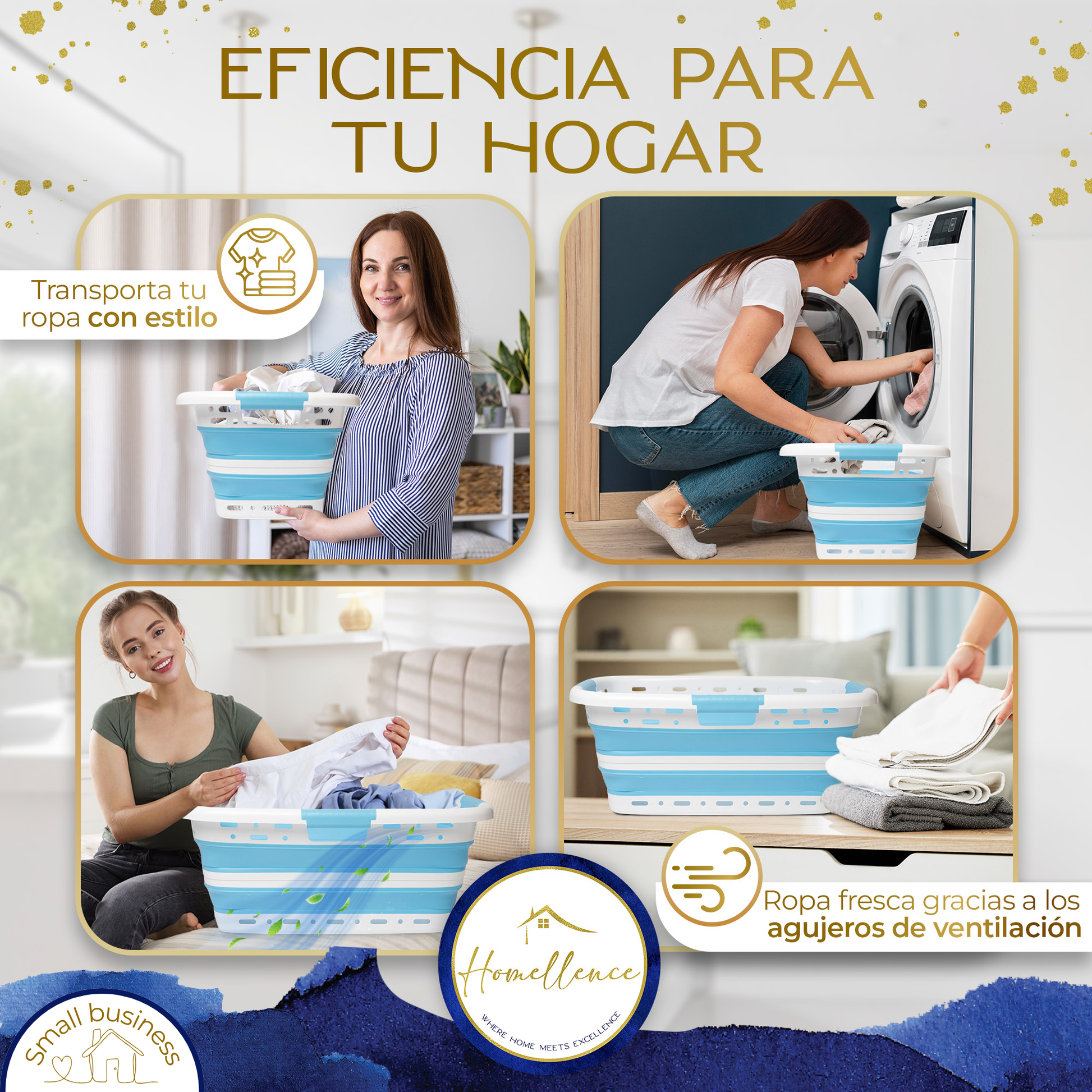 Infografía de la cesta Homellence azul: dimensiones 65x40 cm, capacidad 42L, agujeros de ventilación y material libre de BPA.