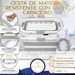 Infografía de la cesta Homellence gris: dimensiones 65x40 cm, capacidad 42L, agujeros de ventilación y material libre de BPA.