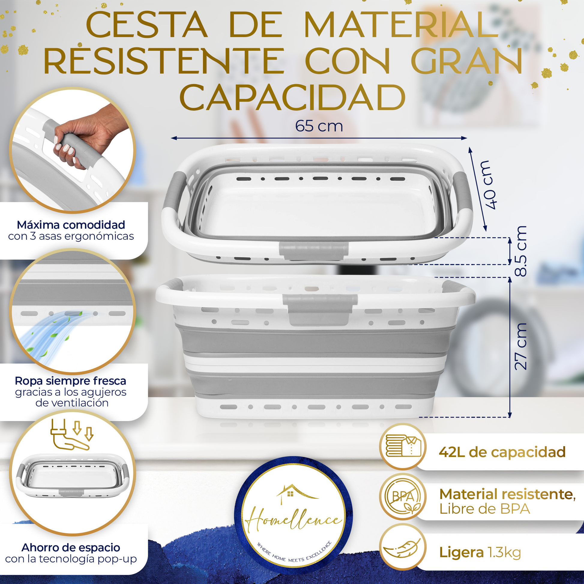 Infografía de la cesta Homellence gris: dimensiones 65x40 cm, capacidad 42L, agujeros de ventilación y material libre de BPA.