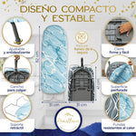 Detalles técnicos Homellence: tabla de planchar de 82 cm con gancho para colgar, superficie microperforada y fundas resistentes al calor.