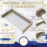 Infografía técnica Homellence: tendedero de 100 cm con 6 varillas de aluminio, soporta hasta 30 kg de carga y es resistente a la corrosión.