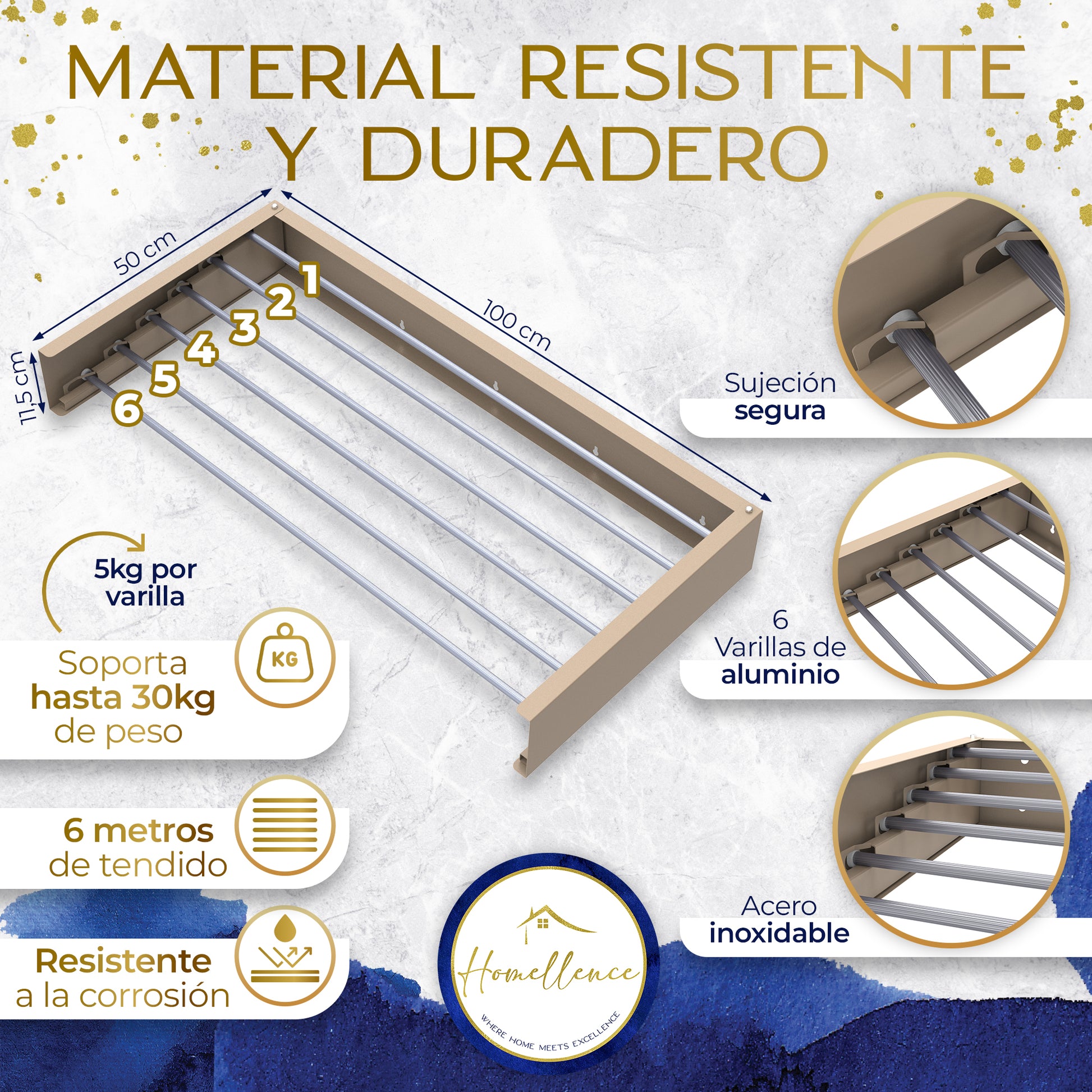 Infografía técnica Homellence: tendedero de 100 cm con 6 varillas de aluminio, soporta hasta 30 kg de carga y es resistente a la corrosión.