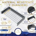 Infografía técnica Homellence: tendedero de 100 cm con 6 varillas de aluminio, soporta hasta 30 kg de carga y es resistente a la corrosión.