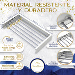 Infografía técnica Homellence: tendedero de 100 cm con 6 varillas de aluminio, soporta hasta 30 kg de carga y es resistente a la corrosión.