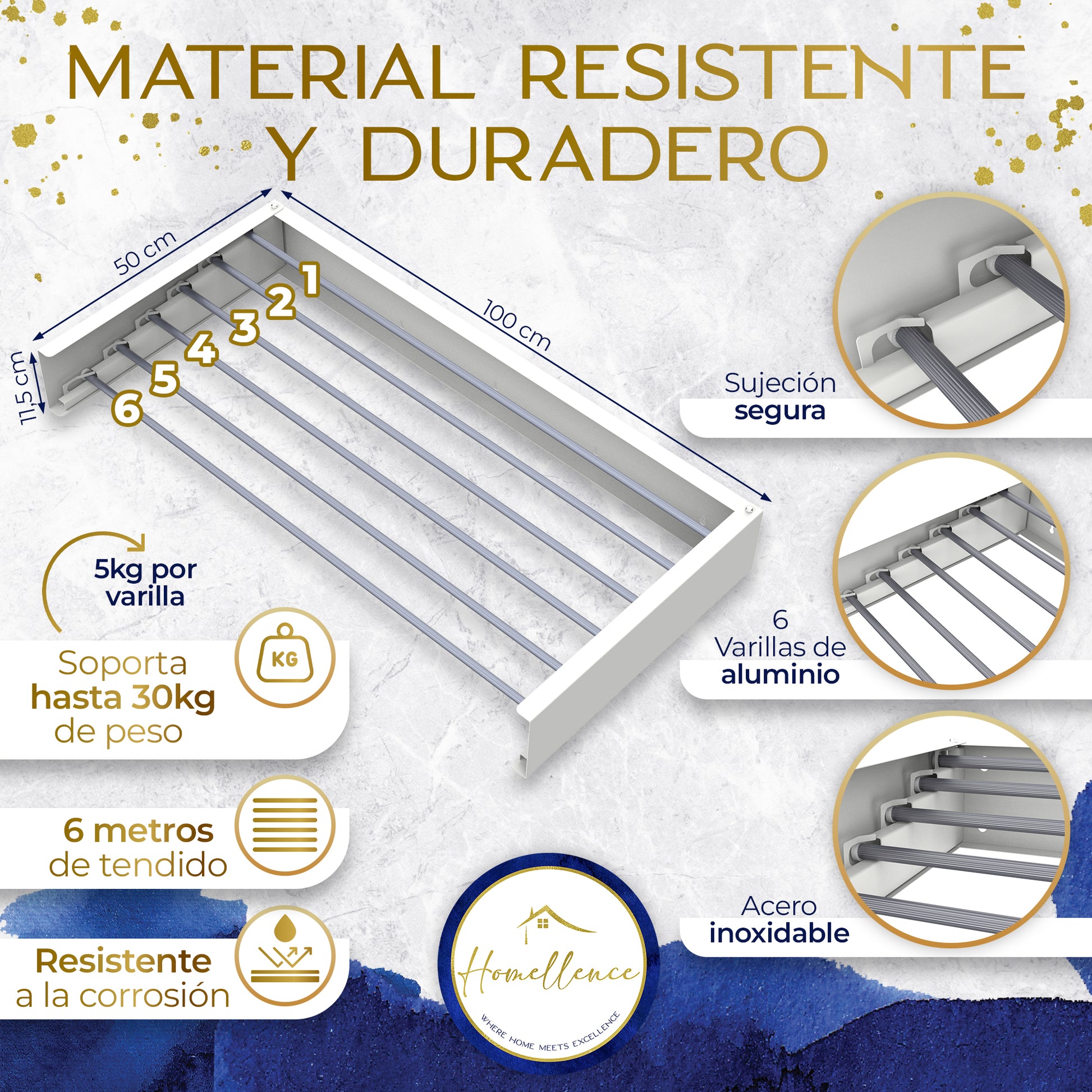 Infografía técnica Homellence: tendedero de 100 cm con 6 varillas de aluminio, soporta hasta 30 kg de carga y es resistente a la corrosión.