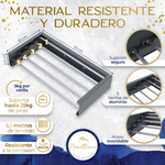 Infografía técnica Homellence: tendedero de 70 cm con 5 varillas de aluminio, soporta hasta 25 kg y ofrece 3,5 metros de tendido.