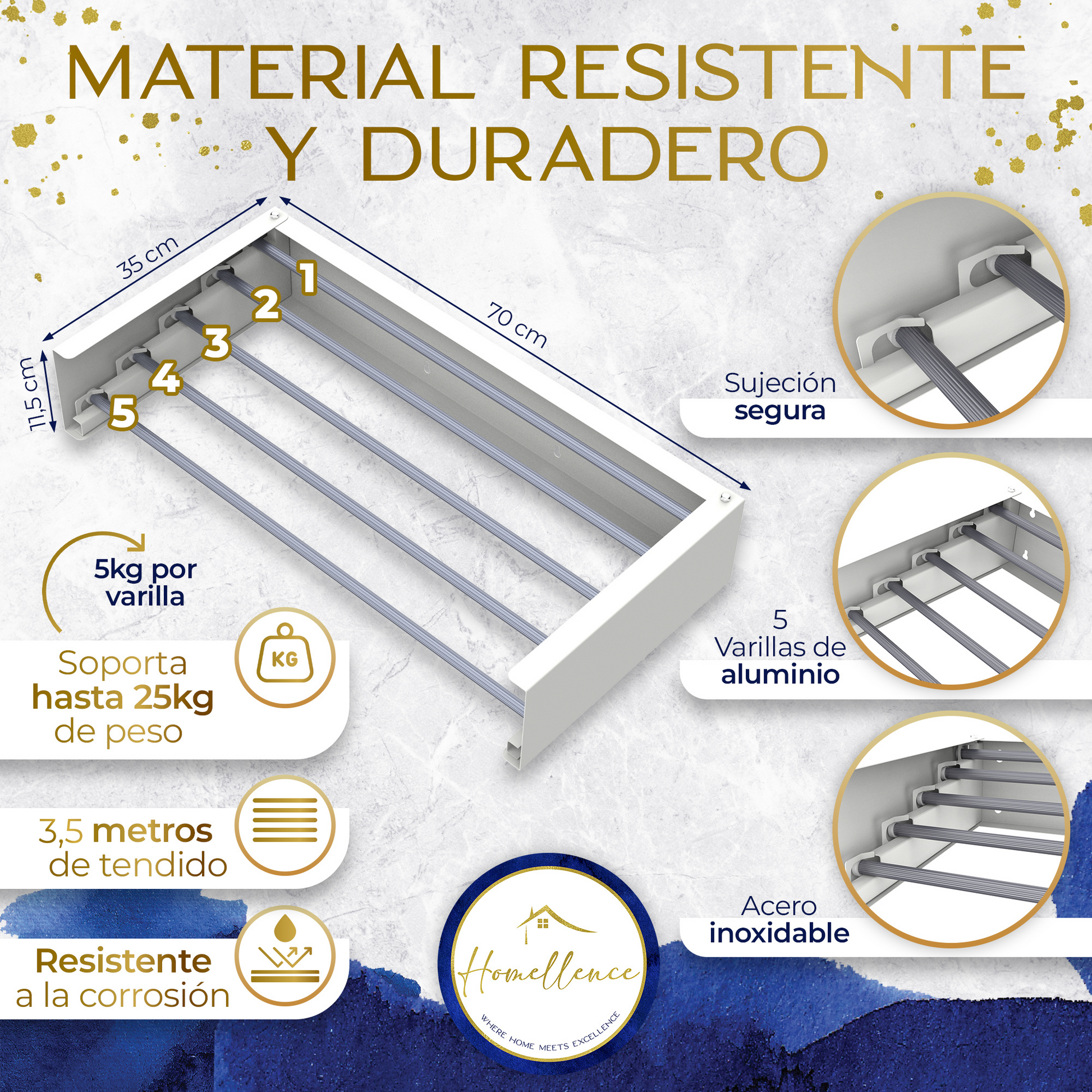 Infografía técnica Homellence: tendedero blanco de 70 cm con 5 varillas de aluminio, soporta hasta 25 kg y ofrece 3,5 metros de tendido.