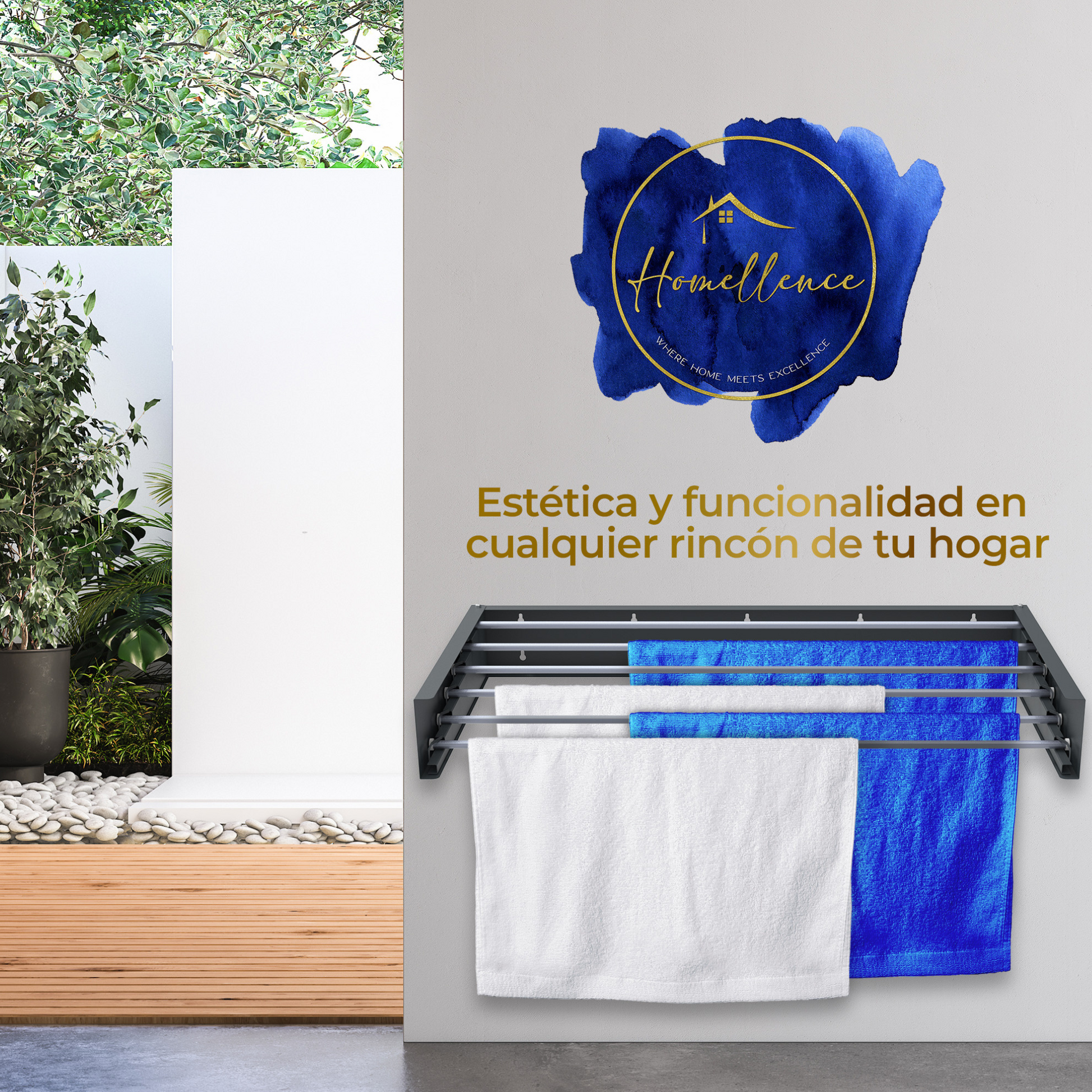 Escena lifestyle Homellence: estética y funcionalidad en cada rincón de tu hogar con el tendedero de pared antracita de 100 cm.
