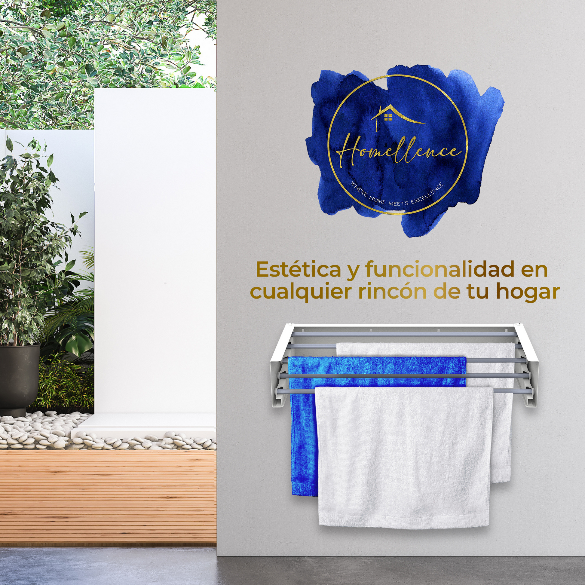 Escena decorativa Homellence: estética y funcionalidad en cualquier rincón del hogar con el tendedero de pared de 70 cm blanco.