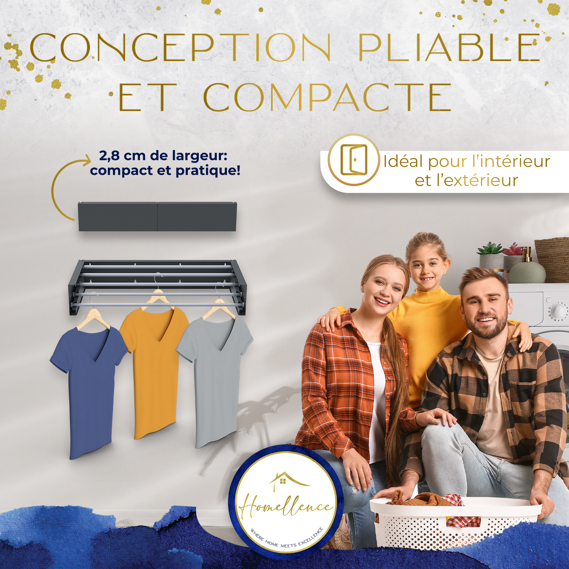 Design élégant et compact : séchoir mural anthracite de 70 cm, seulement 2,8 cm d'épaisseur une fois fermé, idéal pour toute la maison.