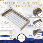 Infographie technique séchoir cappuccino : 6 barres en aluminium, charge totale de 30 kg, 6 mètres de séchage et matériau inoxydable.