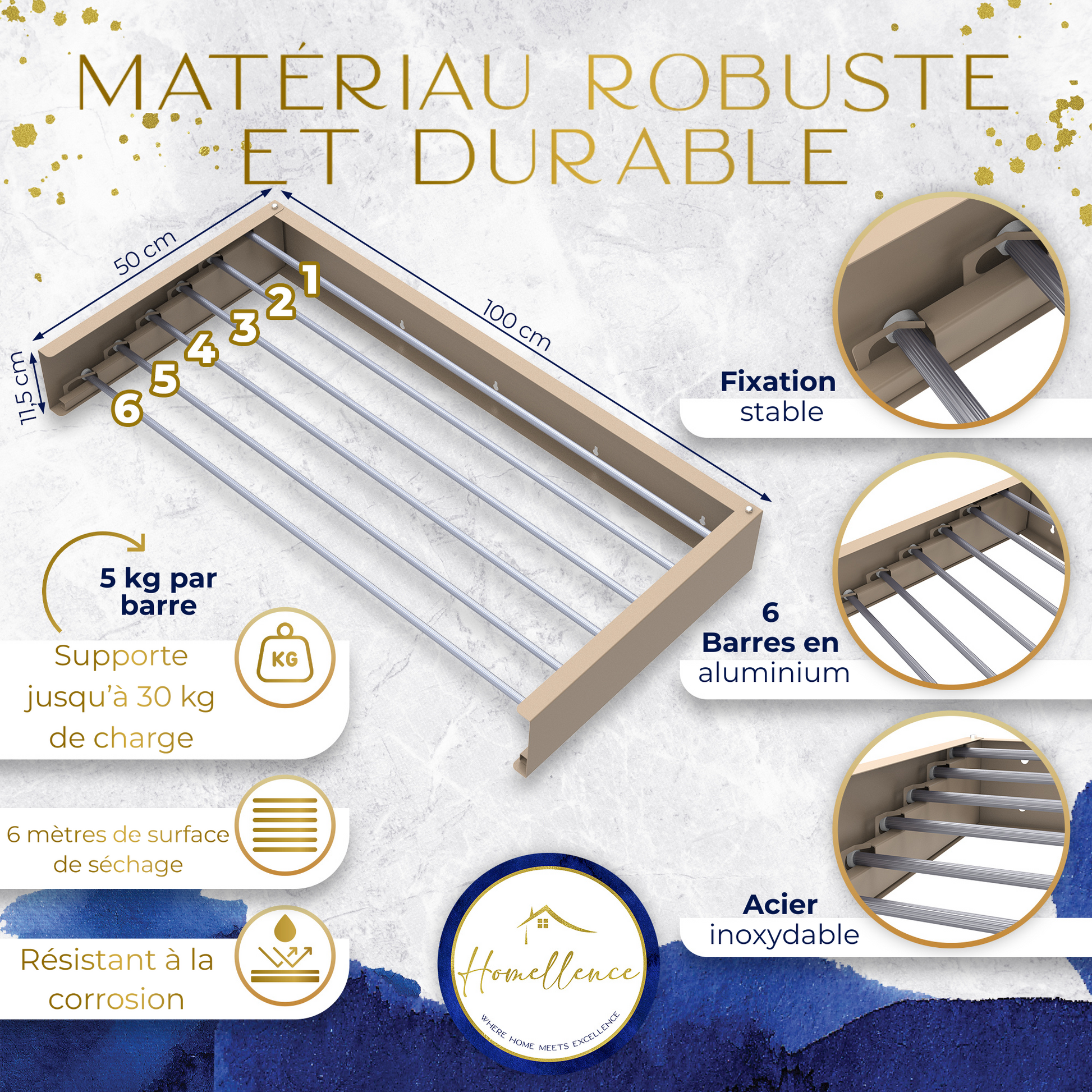 Infographie technique séchoir cappuccino : 6 barres en aluminium, charge totale de 30 kg, 6 mètres de séchage et matériau inoxydable.