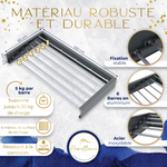 Infographie technique séchoir anthracite : 6 barres en aluminium, charge jusqu'à 30 kg, 6 mètres de séchage et acier inoxydable.