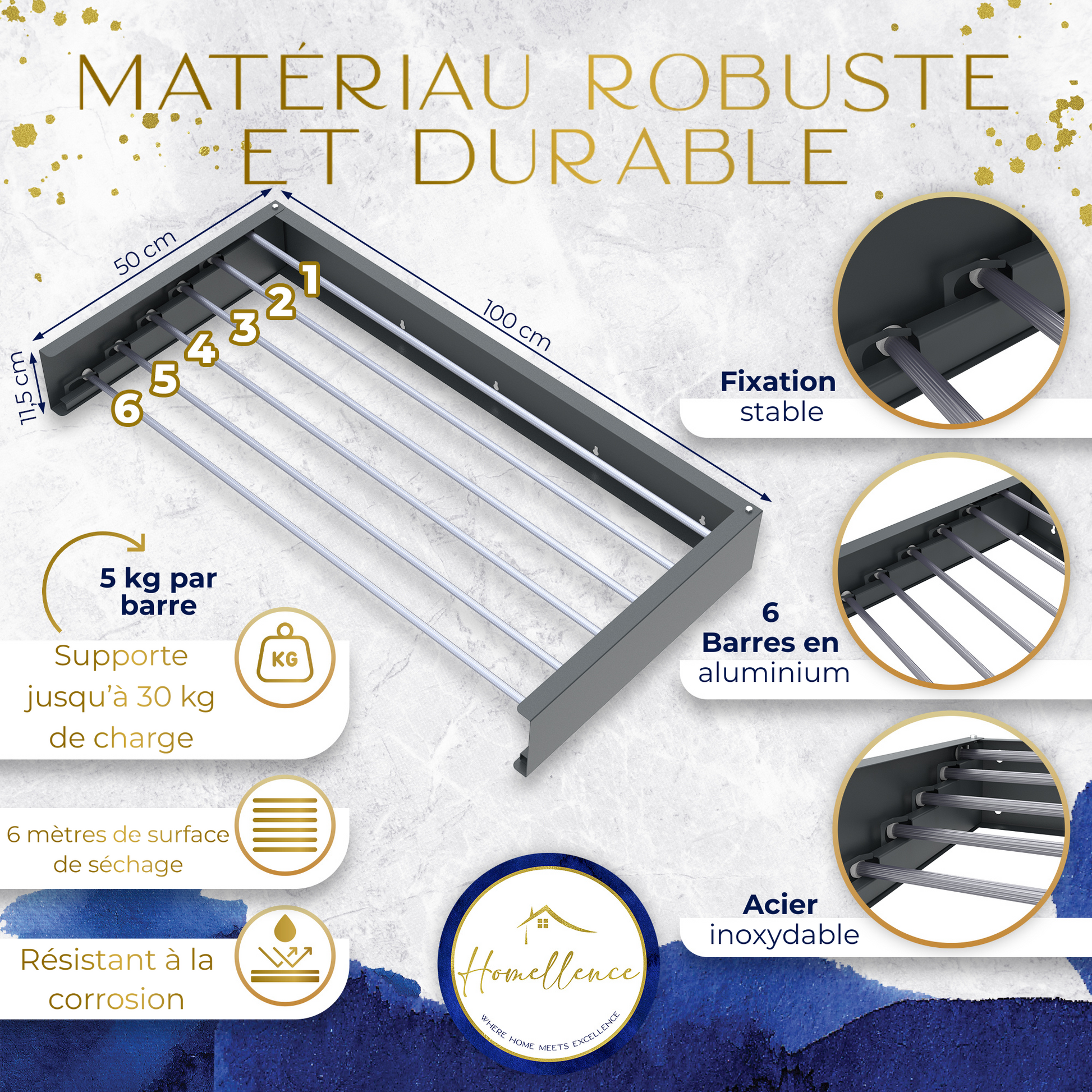 Infographie technique séchoir anthracite : 6 barres en aluminium, charge jusqu'à 30 kg, 6 mètres de séchage et acier inoxydable.
