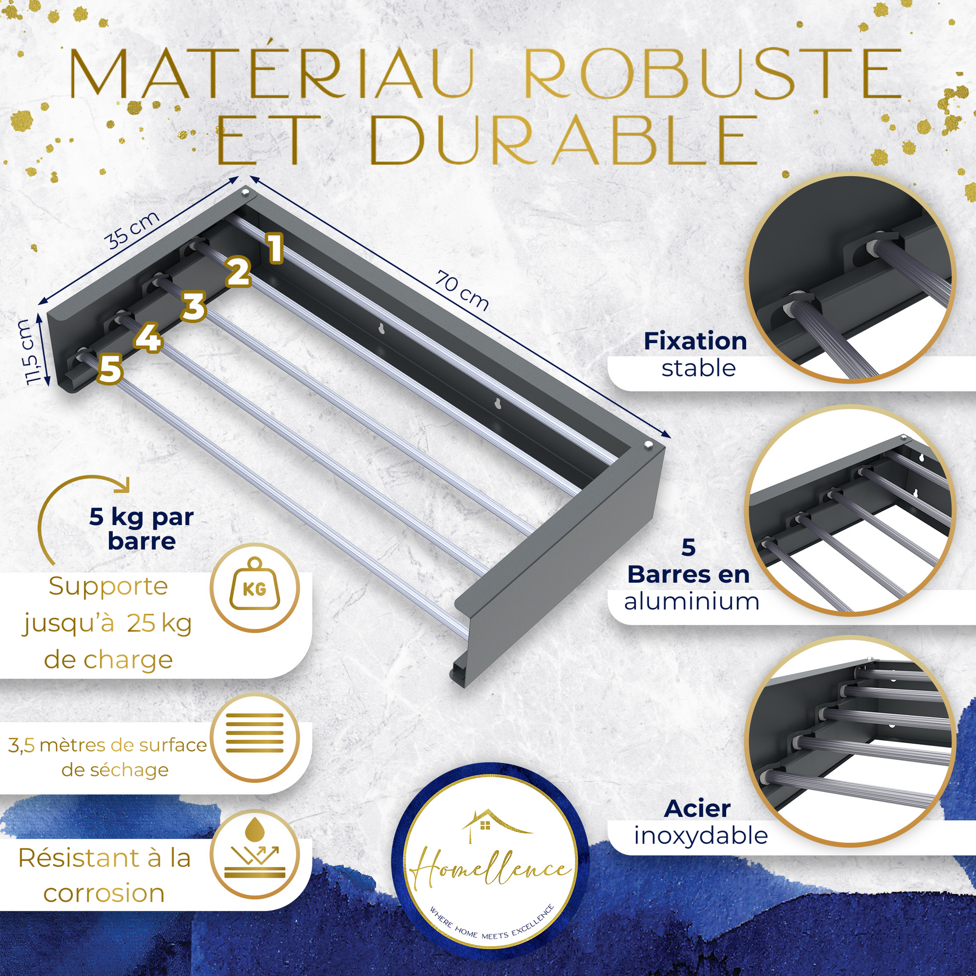Infographie technique séchoir anthracite 70 cm : 5 barres en aluminium, charge totale de 25 kg, 3,5 mètres de séchage et acier inoxydable.