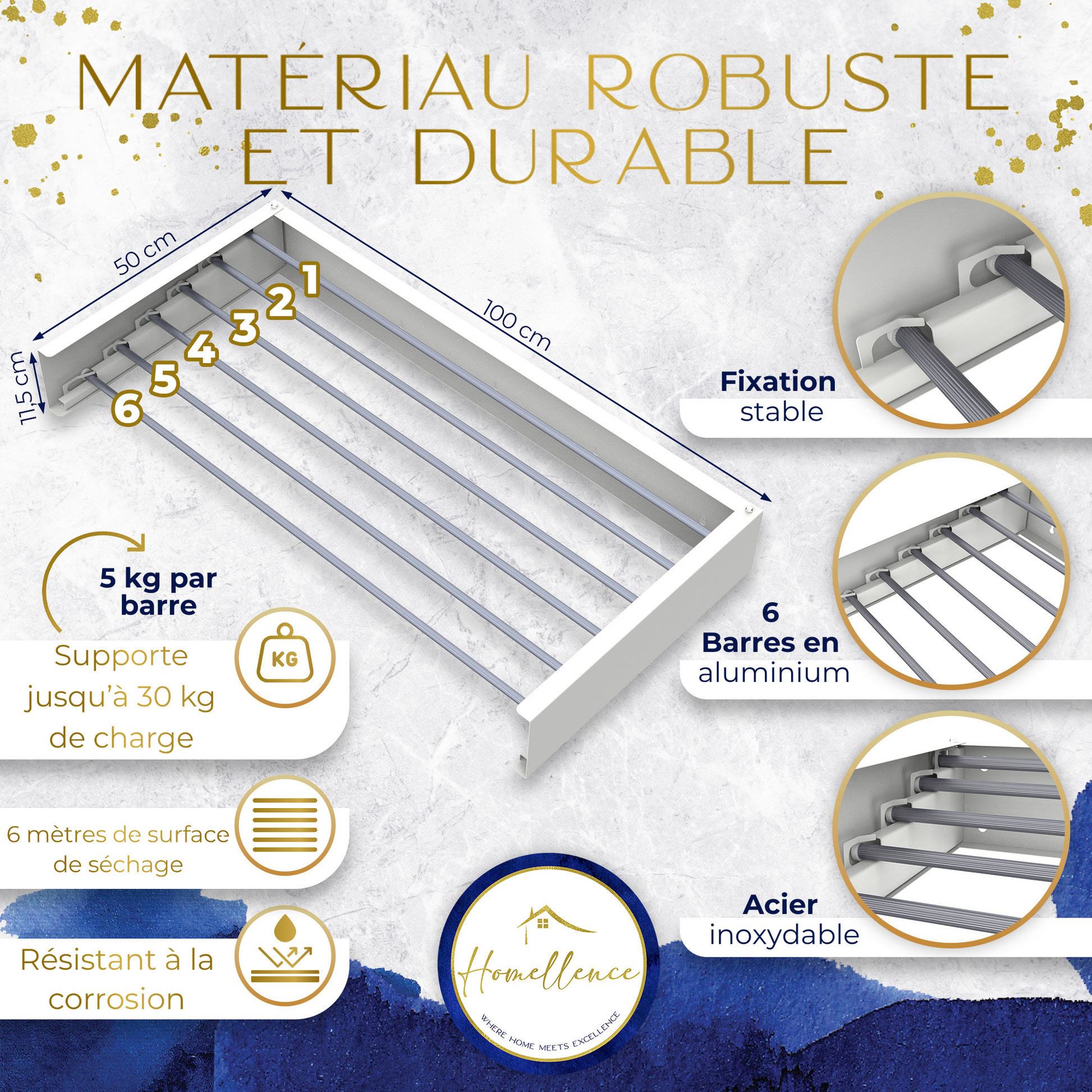 Infographie technique séchoir blanc : 6 barres en aluminium, charge jusqu'à 30 kg, 6 mètres de séchage et matériaux inoxydables.