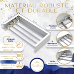 Infographie technique séchoir blanc 70 cm : 5 barres en aluminium, charge jusqu'à 25 kg, 3,5 mètres de séchage et matériaux robustes.
