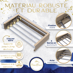 Infographie technique séchoir cappuccino 70 cm : 5 barres en aluminium, charge totale de 25 kg, 3,5 mètres de séchage et acier inoxydable.