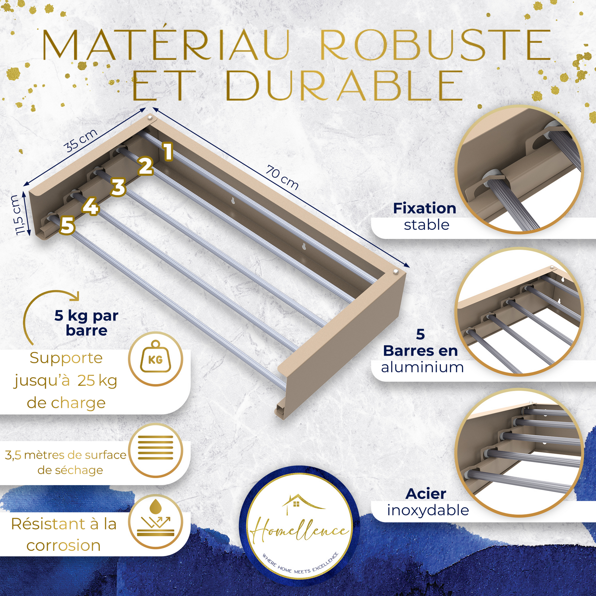 Infographie technique séchoir cappuccino 70 cm : 5 barres en aluminium, charge totale de 25 kg, 3,5 mètres de séchage et acier inoxydable.