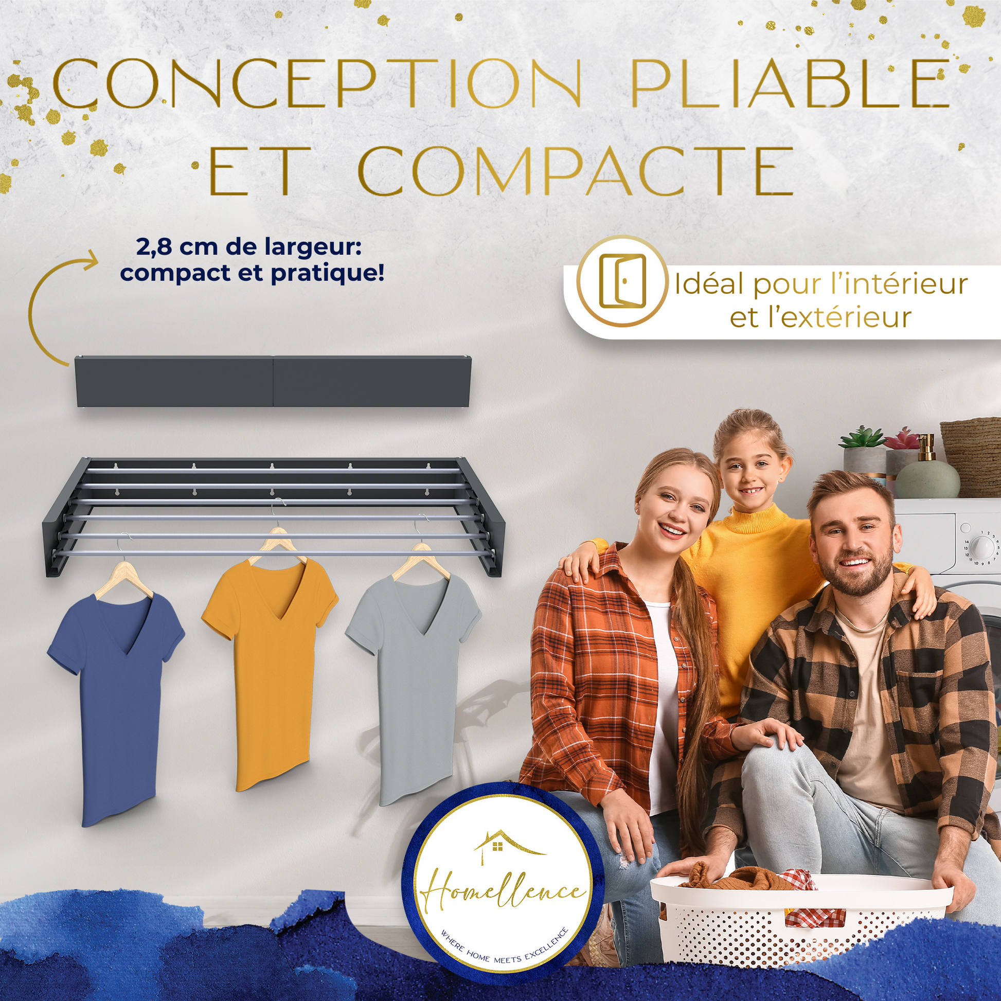 Design élégant et compact : séchoir mural anthracite de 100 cm, seulement 2,8 cm d'épaisseur une fois fermé, idéal pour toute la famille.