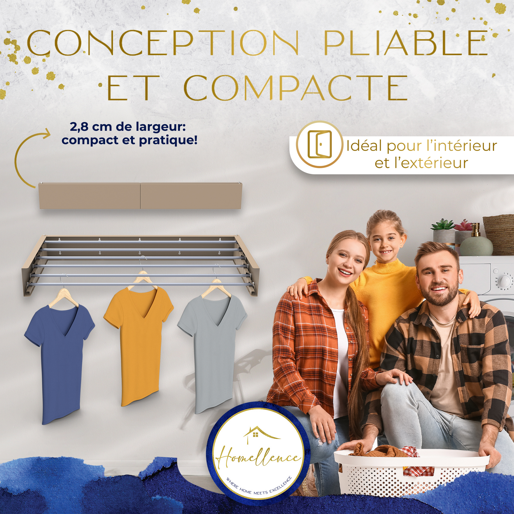 Design élégant et compact : le séchoir mural cappuccino de 100 cm ne mesure que 2,8 cm d'épaisseur une fois fermé, idéal pour tous les intérieurs.