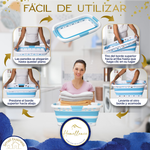Manual ilustrado Homellence: pasos sencillos para abrir y plegar la cesta de ropa azul con tecnología pop-up en pocos segundos.