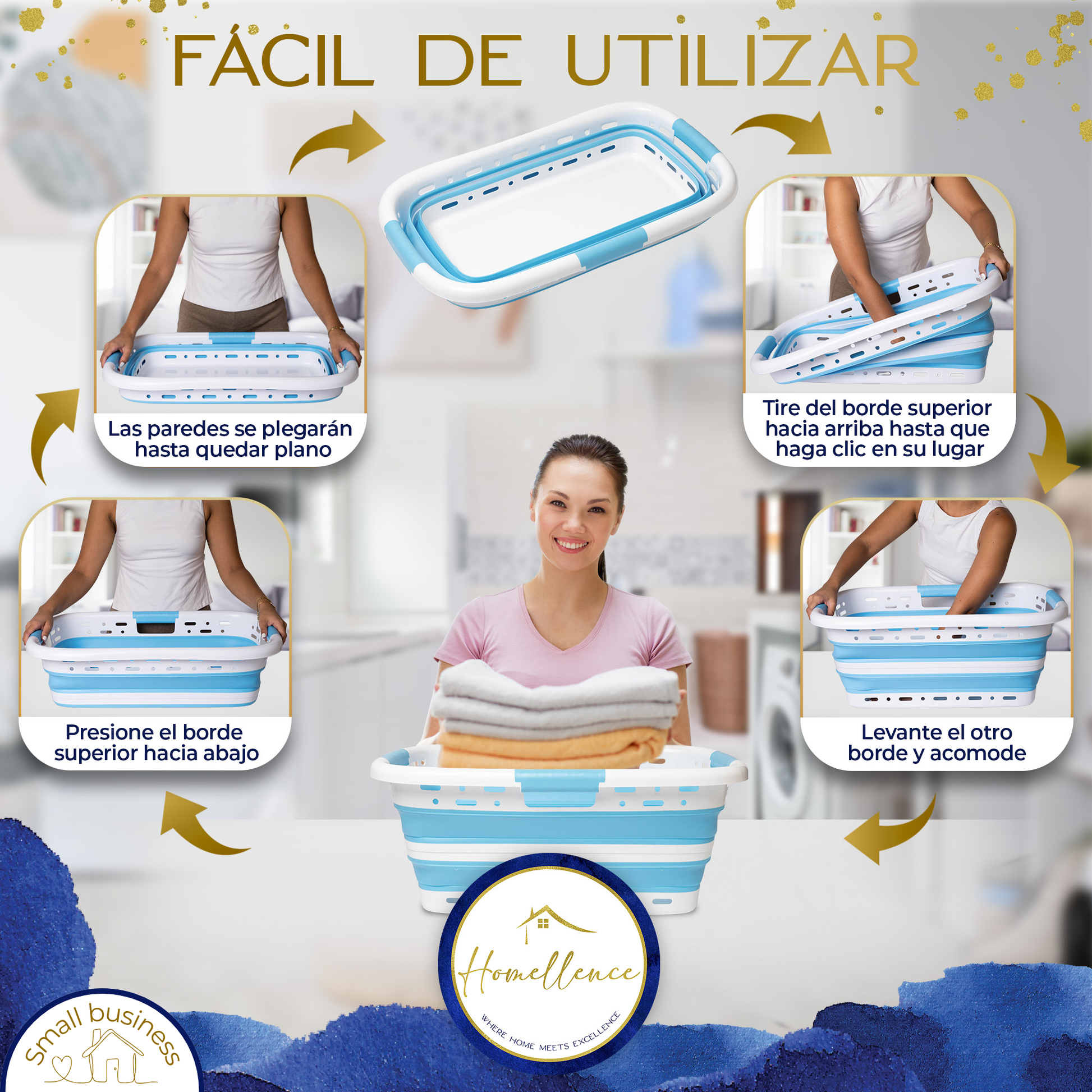 Manual ilustrado Homellence: pasos sencillos para abrir y plegar la cesta de ropa azul con tecnología pop-up en pocos segundos.