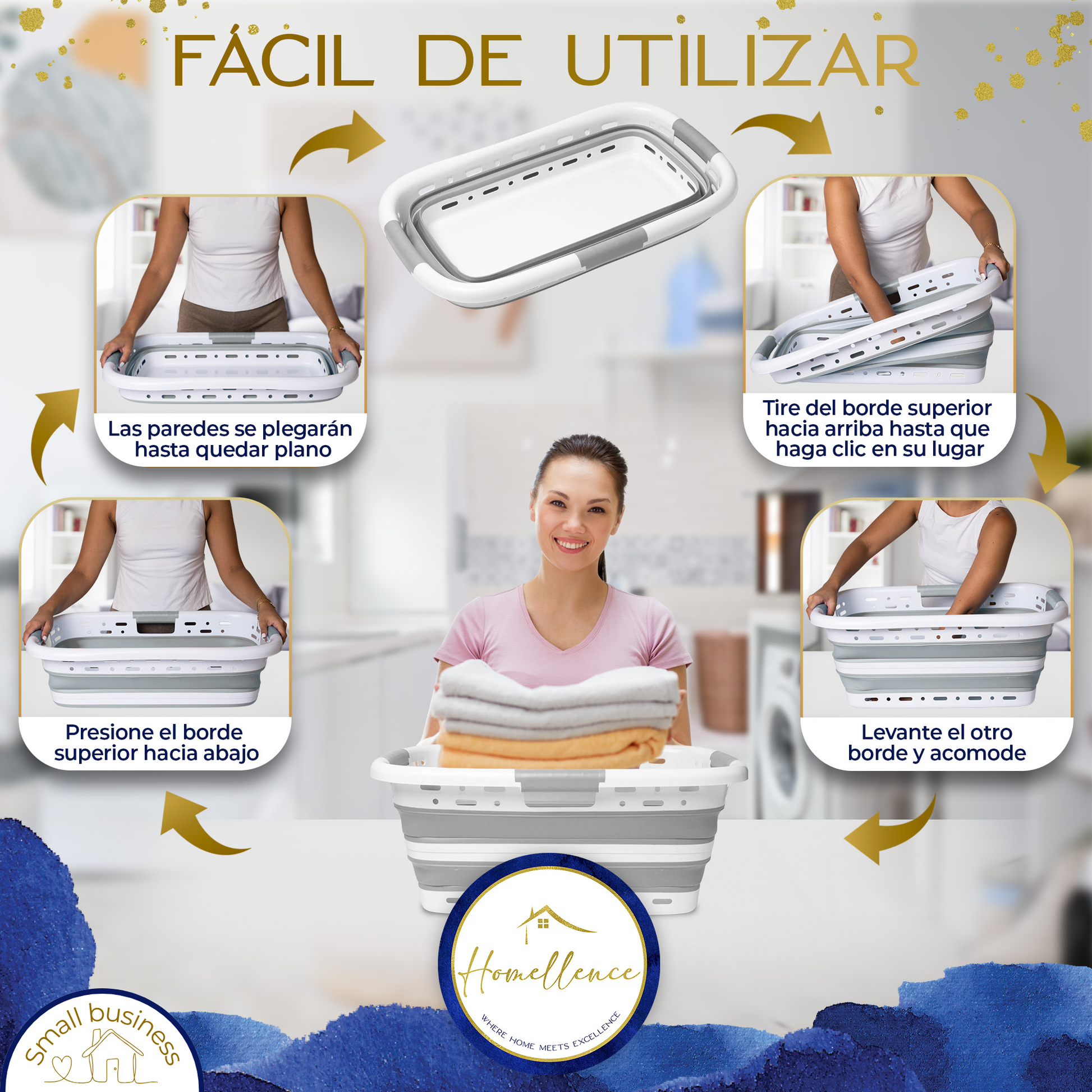 Manual ilustrado Homellence: pasos sencillos para abrir y plegar la cesta de ropa con tecnología pop-up en pocos segundos.