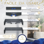 Manuale d'uso illustrato: montaggio a parete semplice con kit incluso e meccanismo di estrazione delle aste in alluminio dal centro.