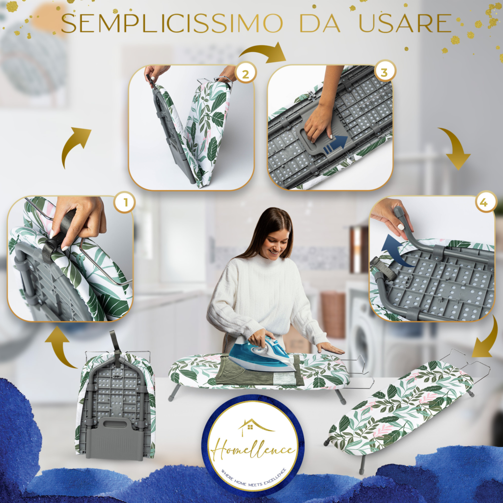 Manuale d'uso illustrato: montaggio semplicissimo in 4 passaggi per un'asse da stiro da tavolo pronta all'uso e stabile in pochi secondi.