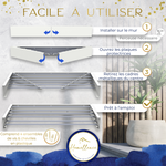 Instructions de montage : installation murale simple avec kit inclus et déploiement facile du cadre métallique blanc par le centre.