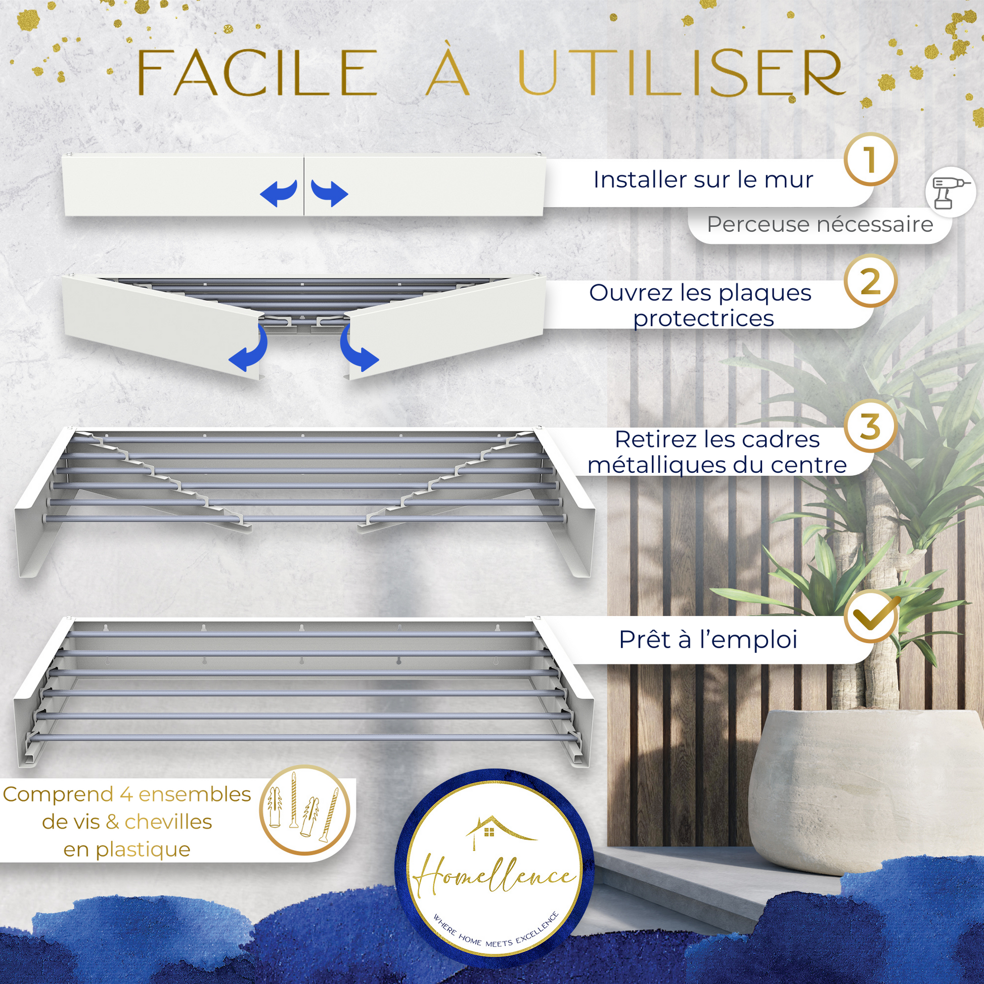 Instructions de montage : installation murale simple avec kit inclus et déploiement facile du cadre métallique blanc par le centre.