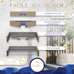 Instructions de montage : installation murale simple avec kit inclus et déploiement fluide du cadre métallique cappuccino par le centre.