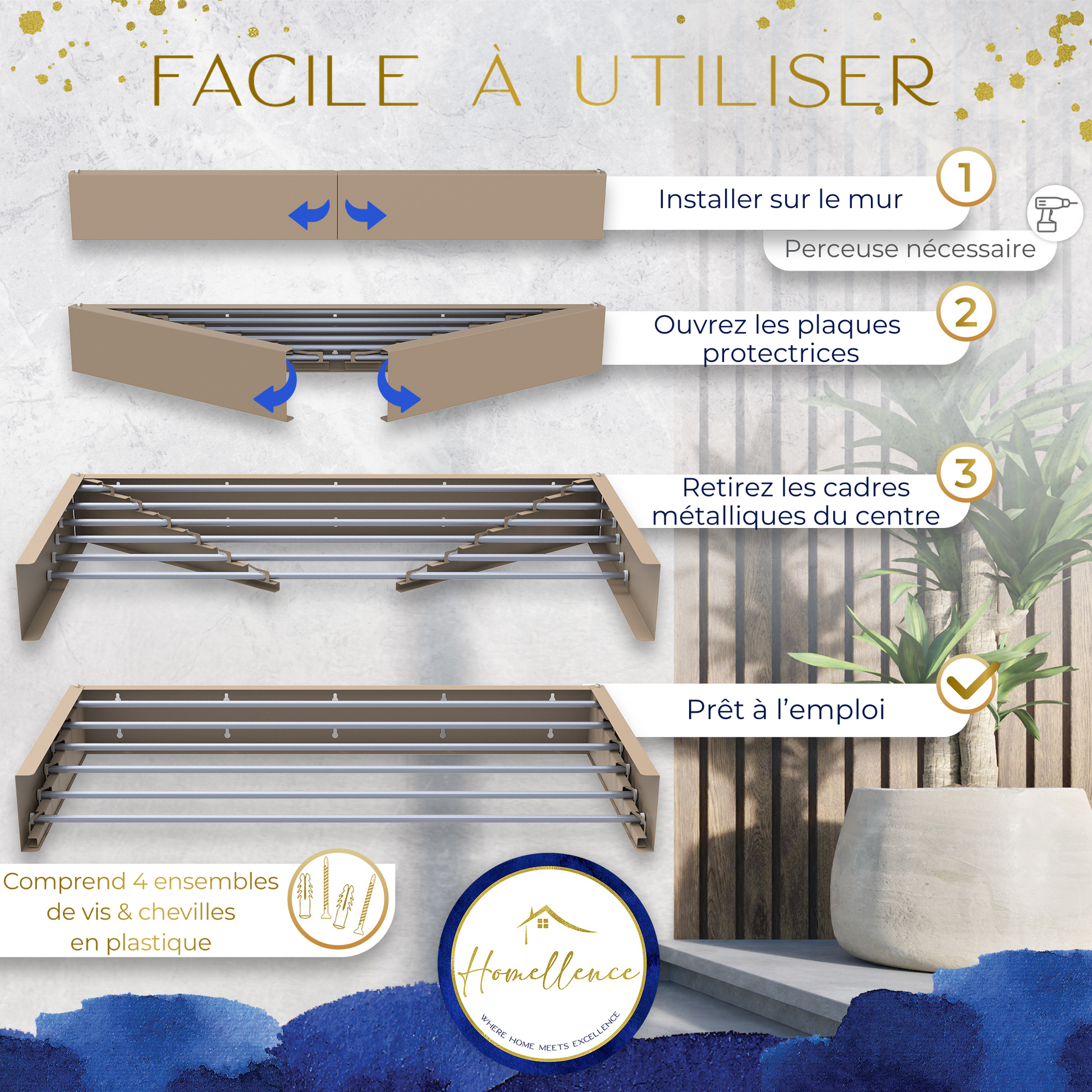 Instructions de montage illustrées : installation murale facile avec kit inclus et déploiement fluide des barres en aluminium par le centre.
