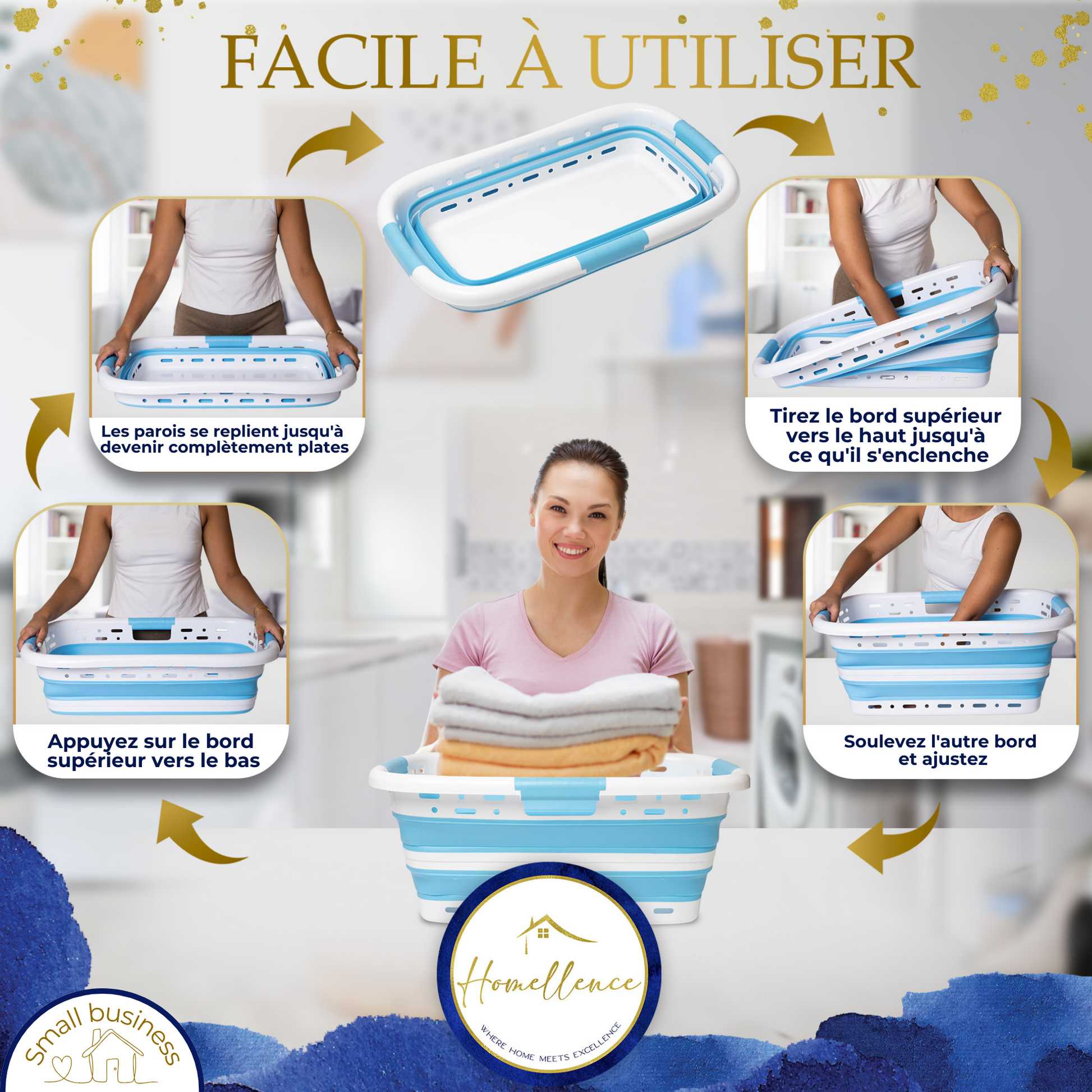 Manuel d'utilisation illustré : comment déplier et replier le panier à linge Homellence bleu en quelques étapes simples.